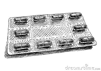 Sketch of transparent medical blister with pills Vector Illustration