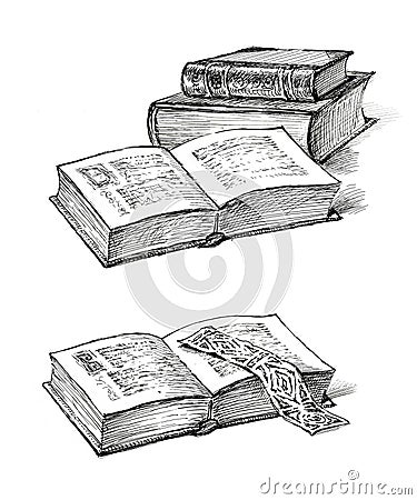 Freehand drawings of old printed open and closed books Stock Photo