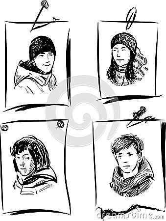 Sketches of portraits of teenage students on sheets of paper Vector Illustration