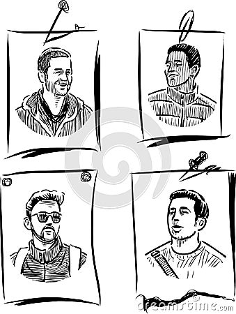 Sketches of portraits various young men on note sheets paper Vector Illustration