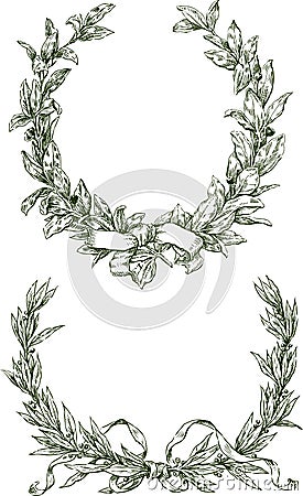 Freehand drawings of triumphal laurel branches with ribbons Vector Illustration