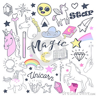 Freehand Kids Magical Doodle with Unicorn and Rainbow. Hand Drawn Fairytale Elements Set Vector Illustration