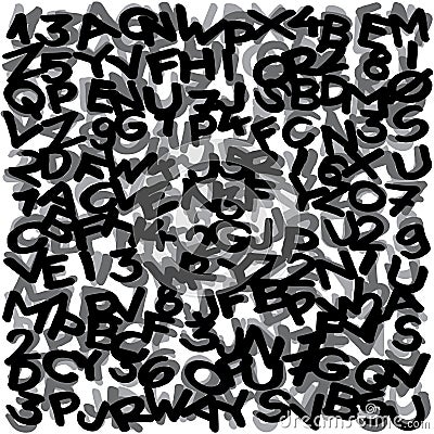 Freehand - marker drawn letters and numbers plane random distributed Stock Photo
