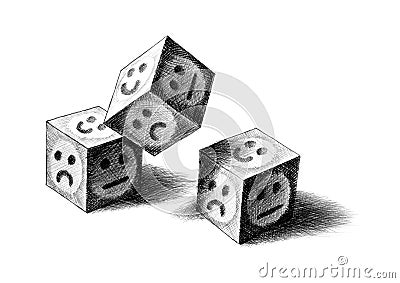 Freehand Drawing Of Three Dice Being Thrown Stock Photo