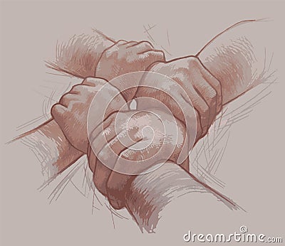 Sepia pencil drawing of reliability and firm folded human arms Vector Illustration