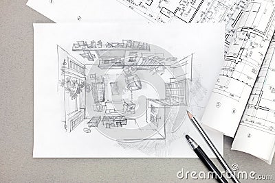 Freehand sketch architectural drawing of living room with pencil Stock Photo