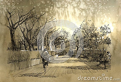 Freehand sketch of city park walkway Cartoon Illustration