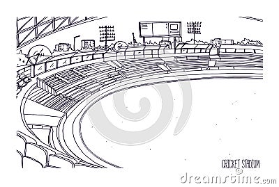 Freehand sketch of cricket stadium with rows of seats, electronic scoreboard and grassy field or lawn. Sports arena for Vector Illustration