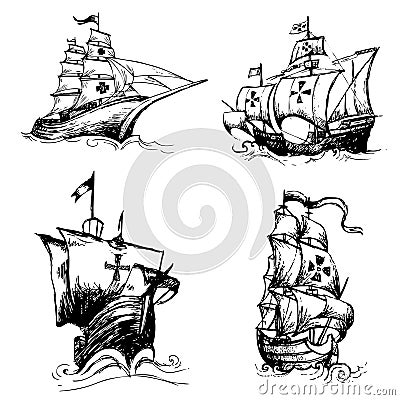 Set of columbus ship doodle hand drawn Vector Illustration