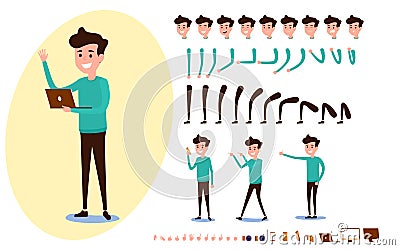 Freelance character creation set for animation. Set of guy in casual clothes in various poses. Parts body template. Vector Illustration