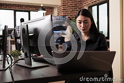 Freelance coder typing machine learning server code Stock Photo