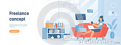 Freelance concept. Online web job, internet worker, employee workplace. Girl working from home couch. Vector Illustration