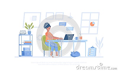Freelance concept. Online web job, internet worker. Girl works in comfortable environment at home. Vector Illustration