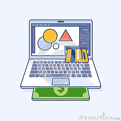 Freelance designer laptop with income credit card gives money do Vector Illustration