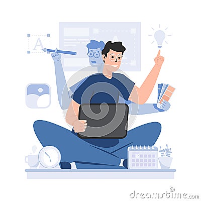 Freelance designer multitasking illustration Vector Illustration