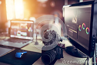 Freelance desk and laptop for editing footage Stock Photo