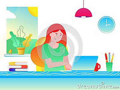 Freelance female girl businesswoman relaxing working on laptop at the home office Vector Illustration