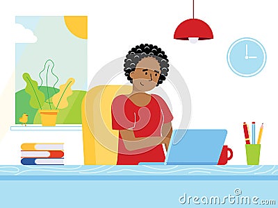 Freelance female girl businesswoman relaxing working on laptop at the home office Vector Illustration