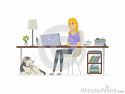 Freelance female worker - cartoon people character isolated illustration Vector Illustration