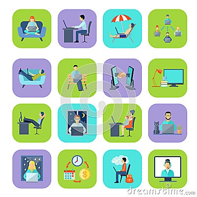 Freelance Flat Color Icon Set Vector Illustration