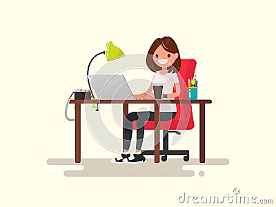 Freelance. The girl the designer or photographer behind a desktop. Vector illustration Cartoon Illustration