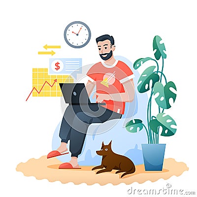 Freelance home work flat vector illustration, cartoon bearded happy hipster sitting in modern armchair, man freelancer Vector Illustration