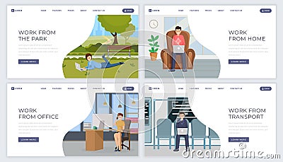 Freelance job landing page template kit. Distance, remote outsource work website homepage flat design layouts set Vector Illustration