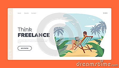 Freelance Landing Page Template. Relaxed Businessman in Summer Wear Sitting on Daybed on Exotic Tropical Beach Vector Illustration