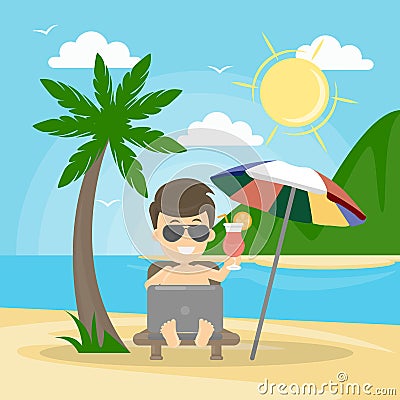 Freelance man at the beach. Vector Illustration