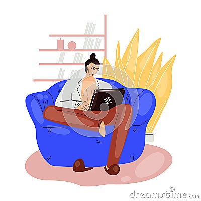 Freelance man work in comfortable cozy home office in armchair sofa vector flat illustration. Freelancer man character Vector Illustration