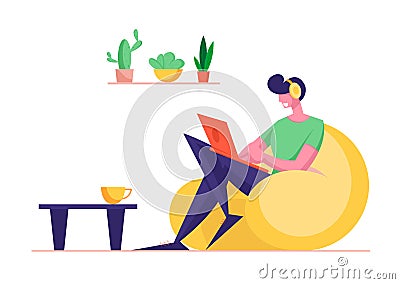 Freelance Occupation Concept. Relaxed Man Freelancer Character Sitting on Armchair Working Distant on Laptop Vector Illustration