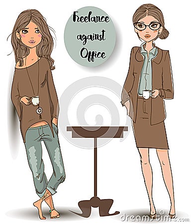 Freelance office girls drink coffee Vector Illustration