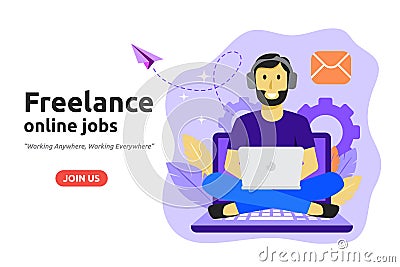 Freelance online job design concept. Freelancer develops business application online. Vector Illustration