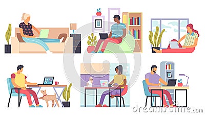 Freelance people. Men and women working home on laptops and computers, self employed distant office, self-isolation Vector Illustration