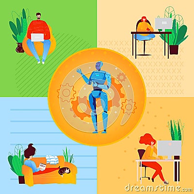 Freelance people self-isolation at home cartoon character vector illustration. Laptop on sofa remote freelance work Vector Illustration