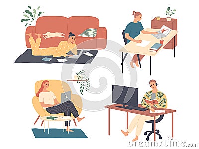 Freelance people work at home. Freelancer character working from home office workplace. Self employed or business Vector Illustration