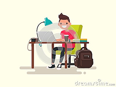 Freelance. Photographer or designer behind a desktop. Vector ill Cartoon Illustration