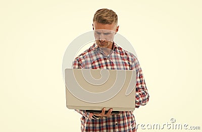 Freelance programmer. Computer user isolated on white. Handsome man use computer. Computer technology. Portable pc Stock Photo