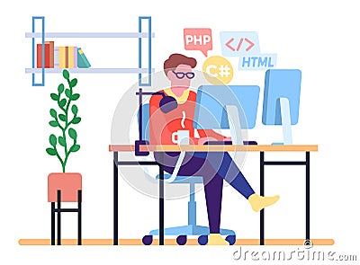Freelance programmer working on his project from home. Developer remote job. Freelancer programming software. Man Vector Illustration