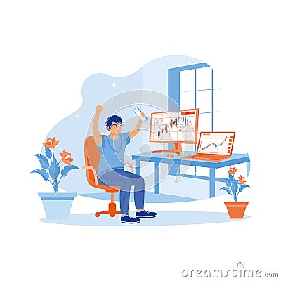 A freelance stockbroker working at home using a laptop computer. Celebrating trading success while sitting with arms raised. Vector Illustration