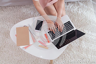 Freelance woman entrepreneur SME seller typing on laptop computer noting the order. Online selling Stock Photo