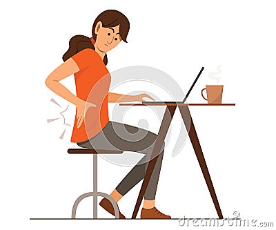 Freelance Woman Feel Some Back Pain on Waist Area While Online Working with Laptop. Vector Illustration