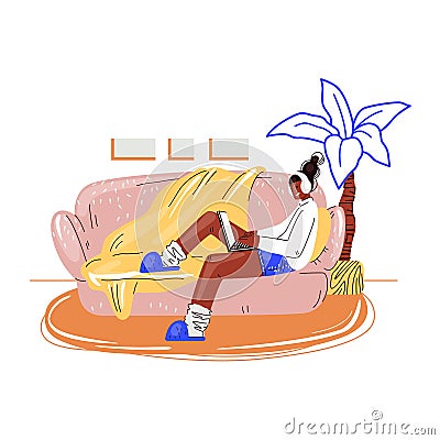 Freelance woman work in comfortable cozy home office vector flat illustration. Freelancer girl character working from Vector Illustration