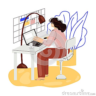 Freelance woman work in comfortable cozy home office vector flat illustration. Freelancer girl character working from Vector Illustration