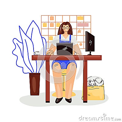 Freelance woman work in comfortable cozy home office vector flat illustration. Freelancer girl character working from Vector Illustration