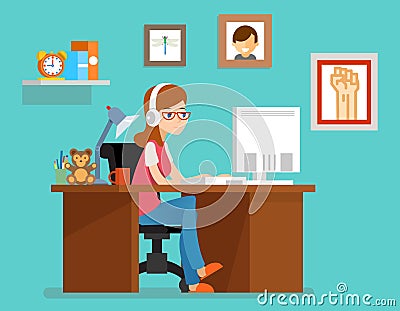  Freelance  Woman Working At Home  With Computer Vector 