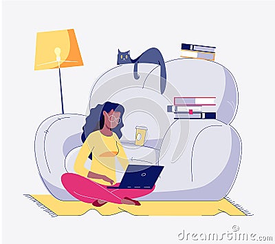 A freelance woman works in a comfortable environment. Vector Illustration