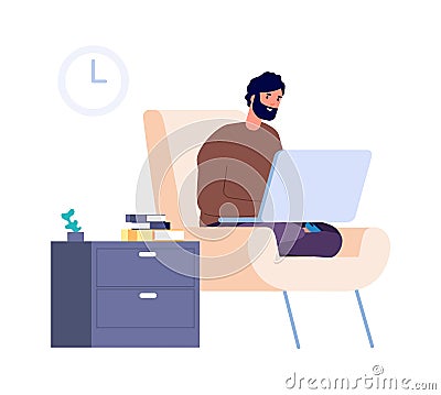 Freelance worker. Distance work, man stay home. Isolation or quarantine period. Flat guy chatting, shopping online or Vector Illustration