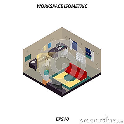 Freelance or worker isometric workspace with unique color scheme Vector Illustration