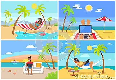 Freelance Workers at Beach near Sea with Laptops Vector Illustration